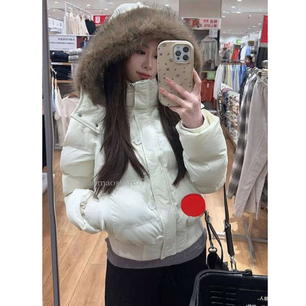 Autumn Winter Fur Hooded Jacket Women Outerwear Thick Dowon Cotton Padded Slim Short Parkas Female Cropped Puffer Bubble Coat