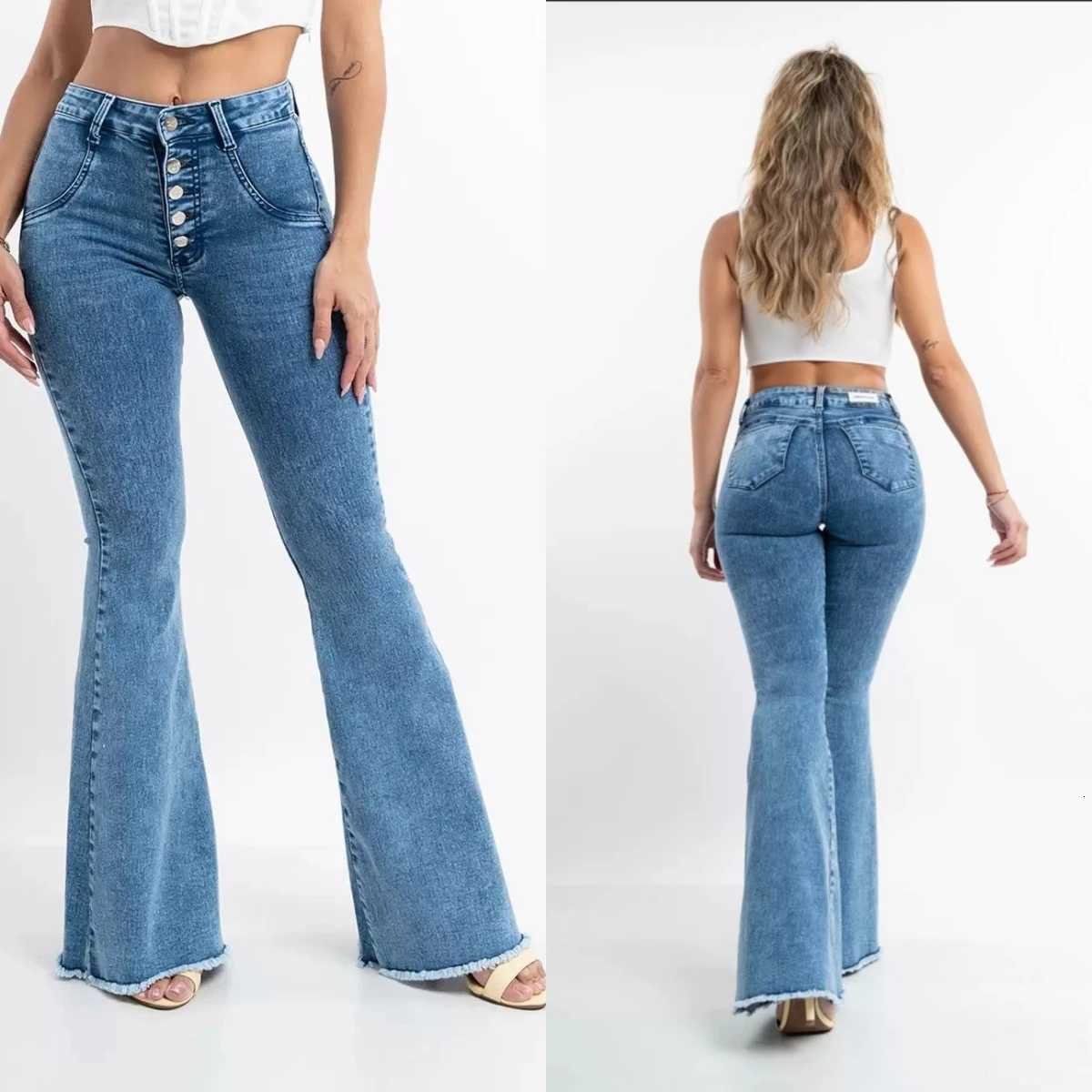Autumn 2023 New High Waist Boot Cut Jeans For Women Fashion Skinny Stretch Button Raw Denim Flared Pants Slim Fit Trousers S2XLT251013