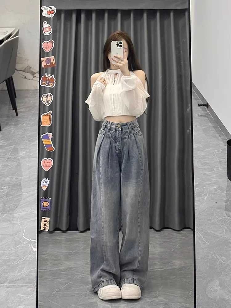 Retro High Waist Wide Leg Jeans Womens Spring Autumn plus Size Loose Slimming Long Pants FloorLength TrousersT251013