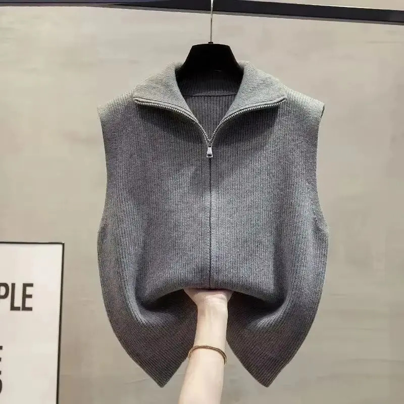 Double Zipper Vest Women Sweater Autumn Sleeveless Sweater Vest Stand Collar Solid Color Outside The Western Style Vest Female 251010