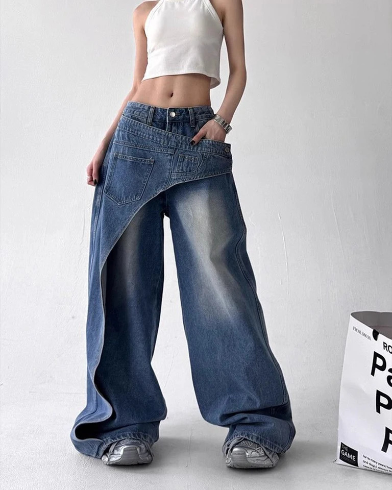 Y2K Fashion Irregular Patchwork Jeans Women Korean Chic Streetwear Hip Hop Straight Trousers Bf High Waist Casual Denim 251010 - view 7