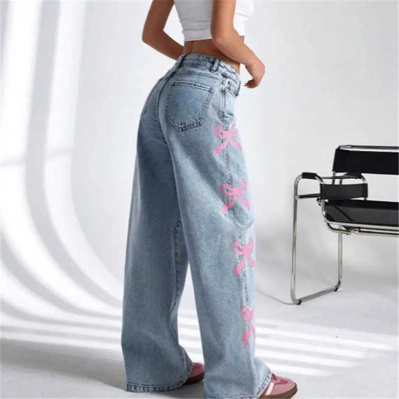 Women Jeans Wide Leg Pants Bow Washed High Waist 2025 Streetwear Denims Distressed Vintage Straight Ankle Length TrousersT251013