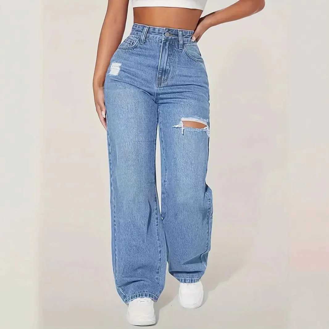 2025 Washed Ripped Highwaisted Wideleg Jeans New Four Seasons Fashionable and Versatile Casual Floorlength Jeans for WomenT251013