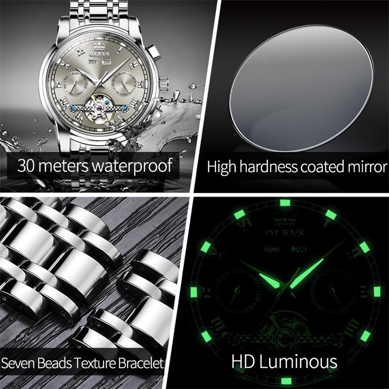 OLEVS Mens Watches Automatic Mechanical Business Wristwatch Waterproof Stainless Steel Man Skeleton Calendar 251011