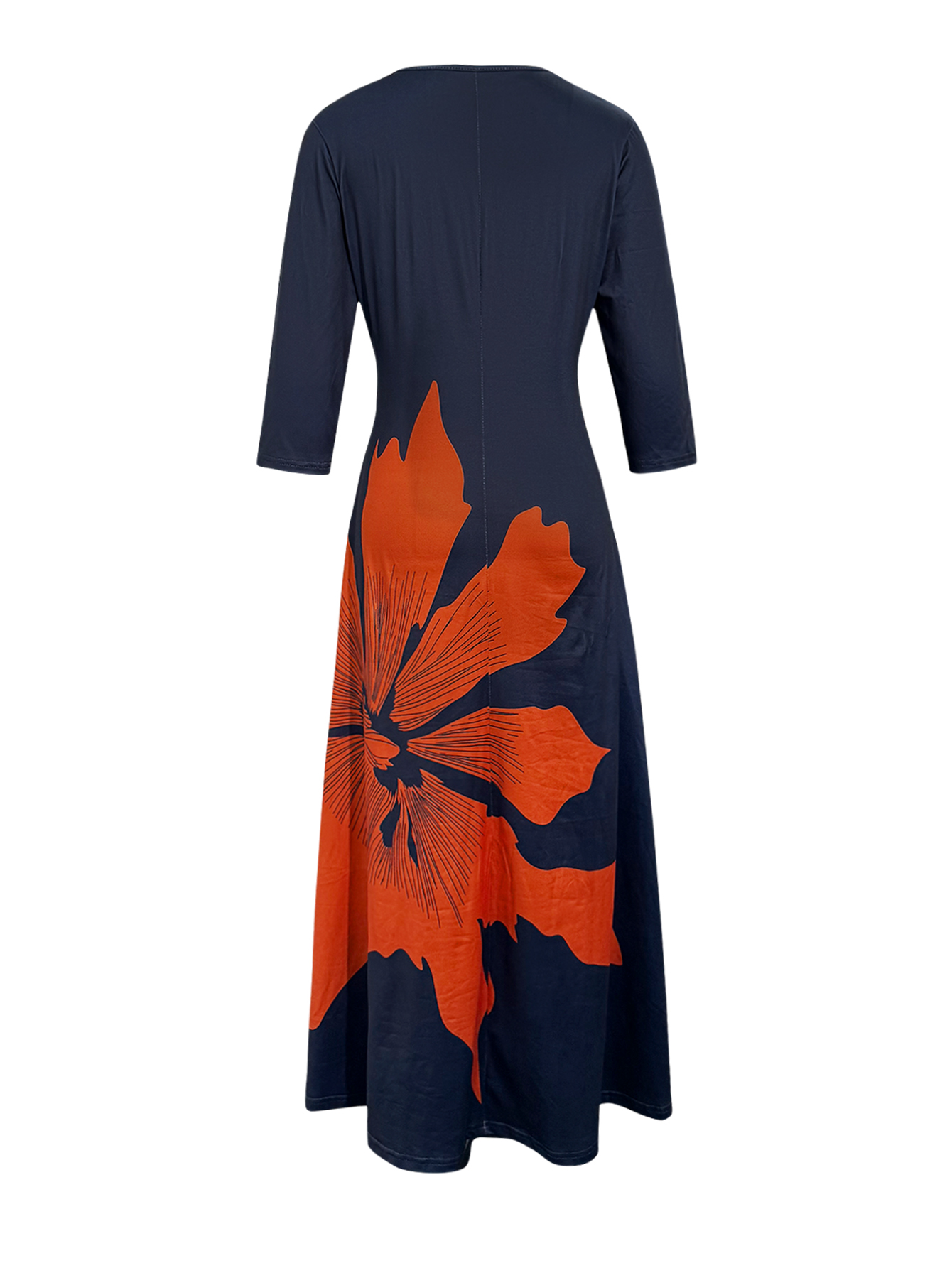 Women's Summer Autumn New Fashion Vacation Floral Printed Slimming Midi Dress - Mom - Style Elegant Navy Blue Dress-CF52916