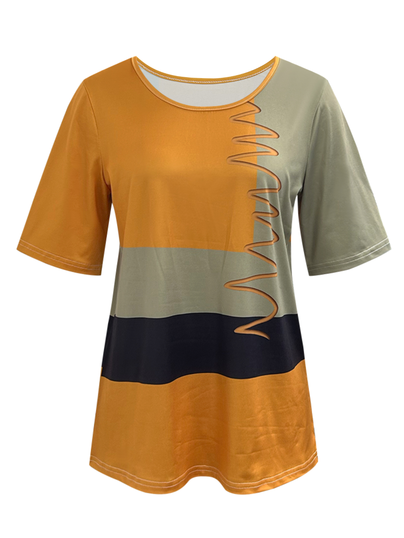 Women's Spring Summer Color - Block Printed Round Neck Top - Versatile Retro Casual & Loungewear Top-CF52778