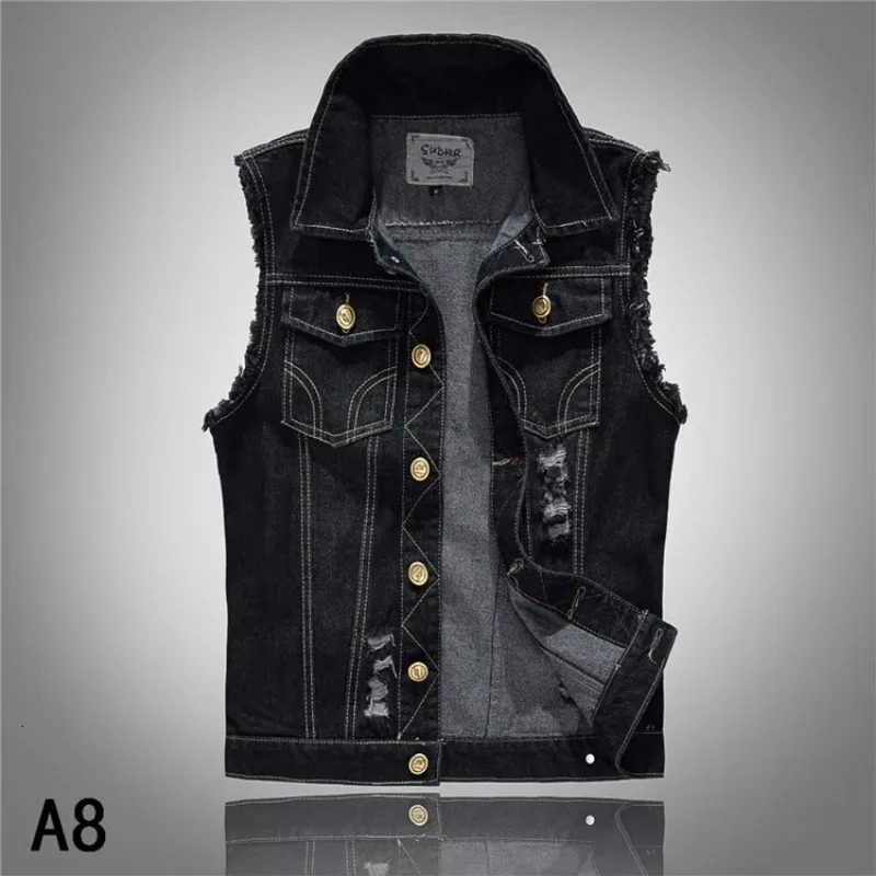 Men Slim Denim Vests Waistcoats Jackets Fashion Male Blue Fit Denim Coats Vests Large Size Punk Style Holes Jeans Vest Size 6XL 251010