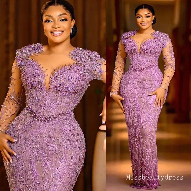 Lanvender Plus Size Prom Dresses for Special Occasions Promdress Sheer Neck Long Sleeves Beaded Lace Birthday Party Dress Second Reception Gowns AM1580