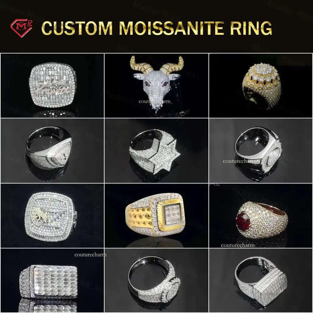Iced Out Sier Bling Dia Mens Real Moissanite Hip Hop Ring