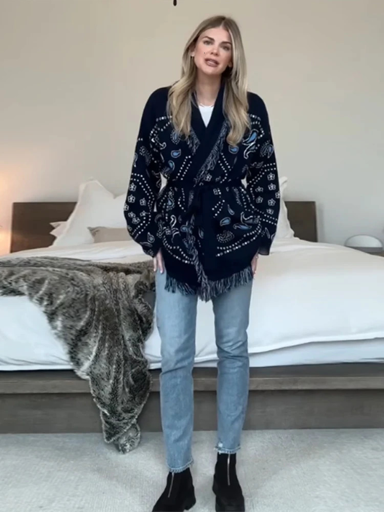 Print Fringed Hem Belted Cardigan Long Sleeve Loose KimonoStyle 2025 Autumn Casual Women Outerwear Holiday Trendy Lady Wrap 251011