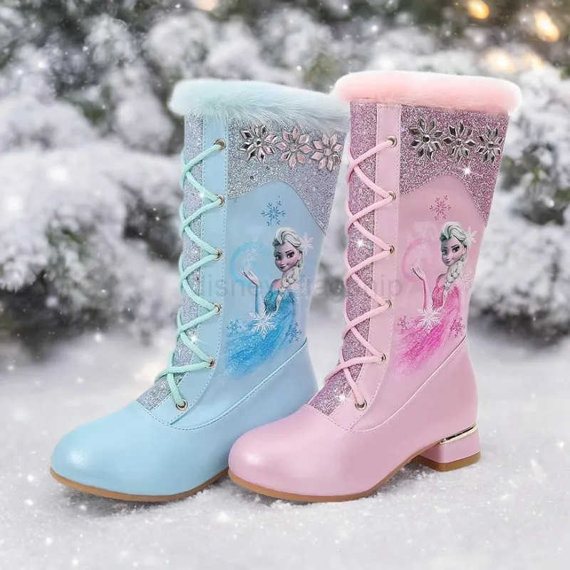 Disney Girls Leather Boots Winter Cartoon Frozen Boots Side Zipper High Plush Princess Elsa Boots Warm Childrens Boots Size 27XJ251013