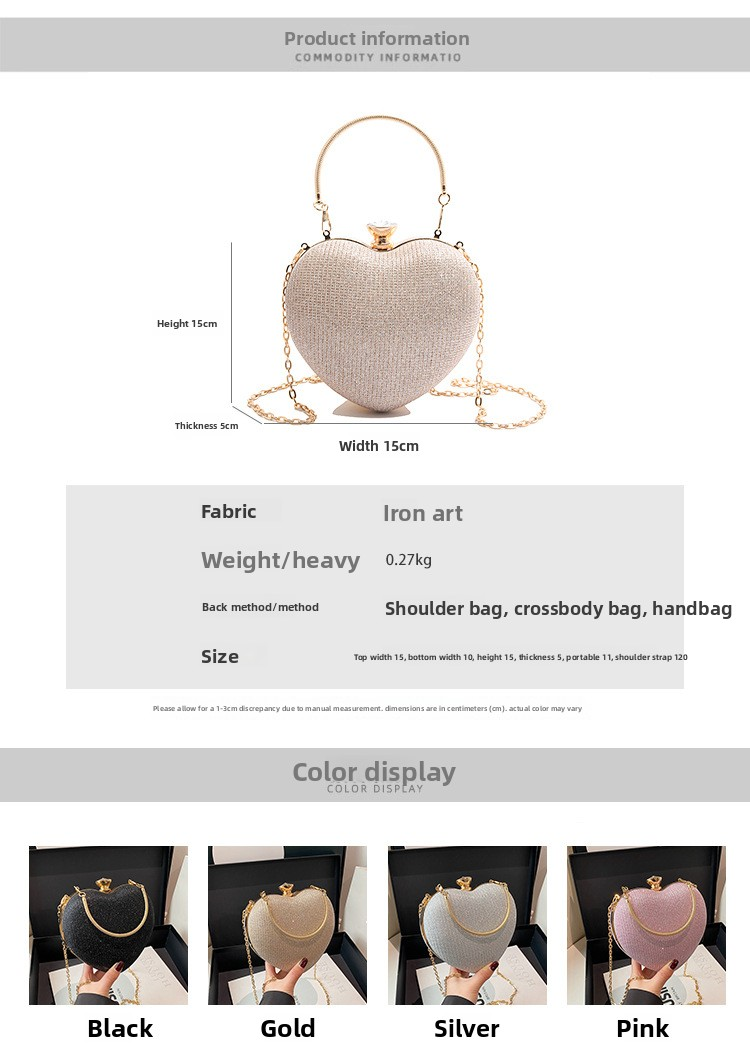 High-end Textured Versatile Chain Handbag for Weddings & Evening Parties Women's Cute Heart-shaped Mini Clutch with Rhinestones (Top-handle, Shou