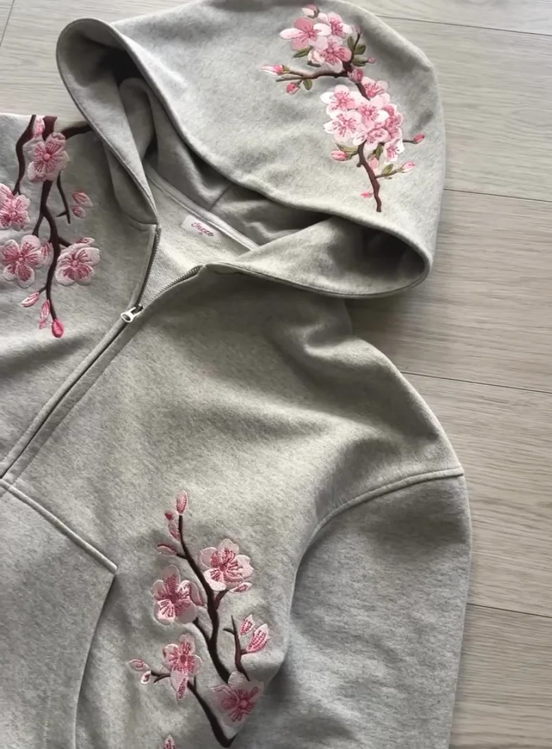 Y2K Vintage Oversized Cherry Blossom Embroidered Hooded Jacket Mens Womens Pink Zipper Coat Harajuku Hip Hop Graphic Streetwear 251013