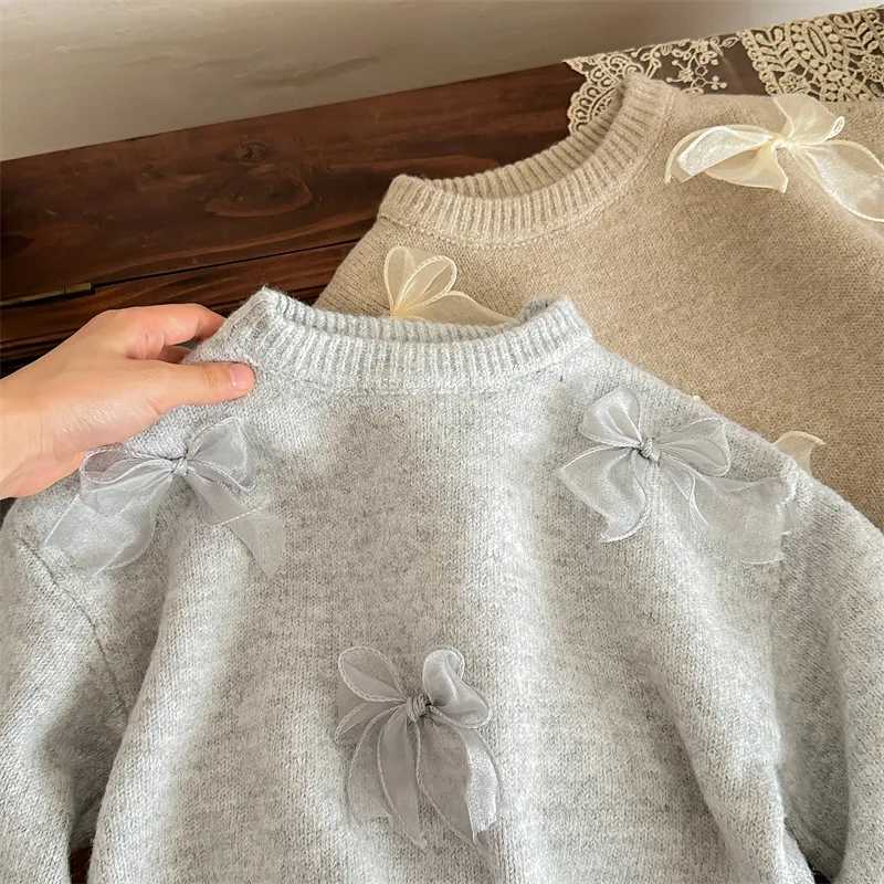 Korean Girls Solid Color Sweaters Cute Bow Children Clothing Autumn Winter Baby Kids Sweet Princess Knitted Sweater 110Y C251013