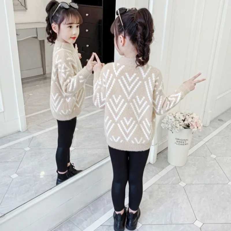 2025 New AutumnWinter Stylish Girls Mink Fur Sweater FleeceLined Thickened Knit Base Layer for Children Crewneck Top C251013