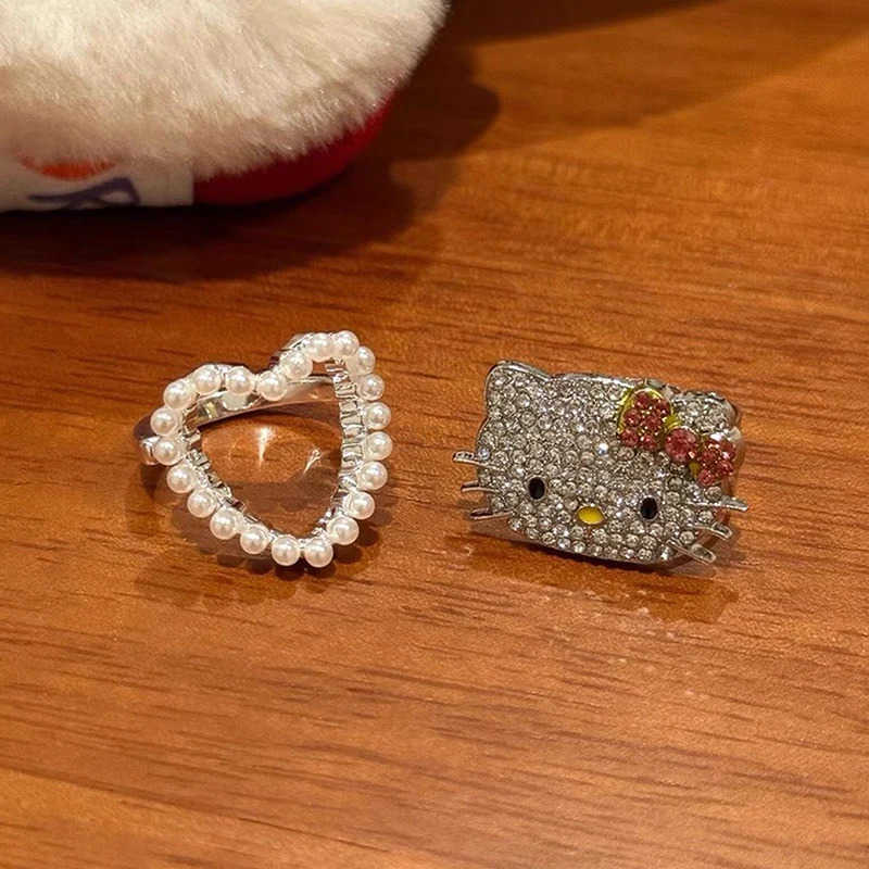 Sanrio Cute Hello Kitty Rhinestones Rings Anime Sanrio KT Cat Rings Adjustable Pearl Heart Rings Jewelry Girl Gifts H251201