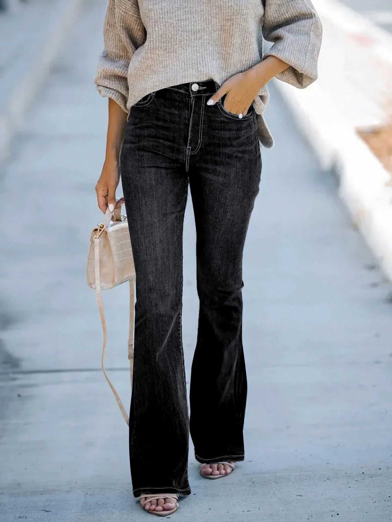 Womens solid color simple daily jeans fashion allmatch washed diagonal pocket horn jeansT251013