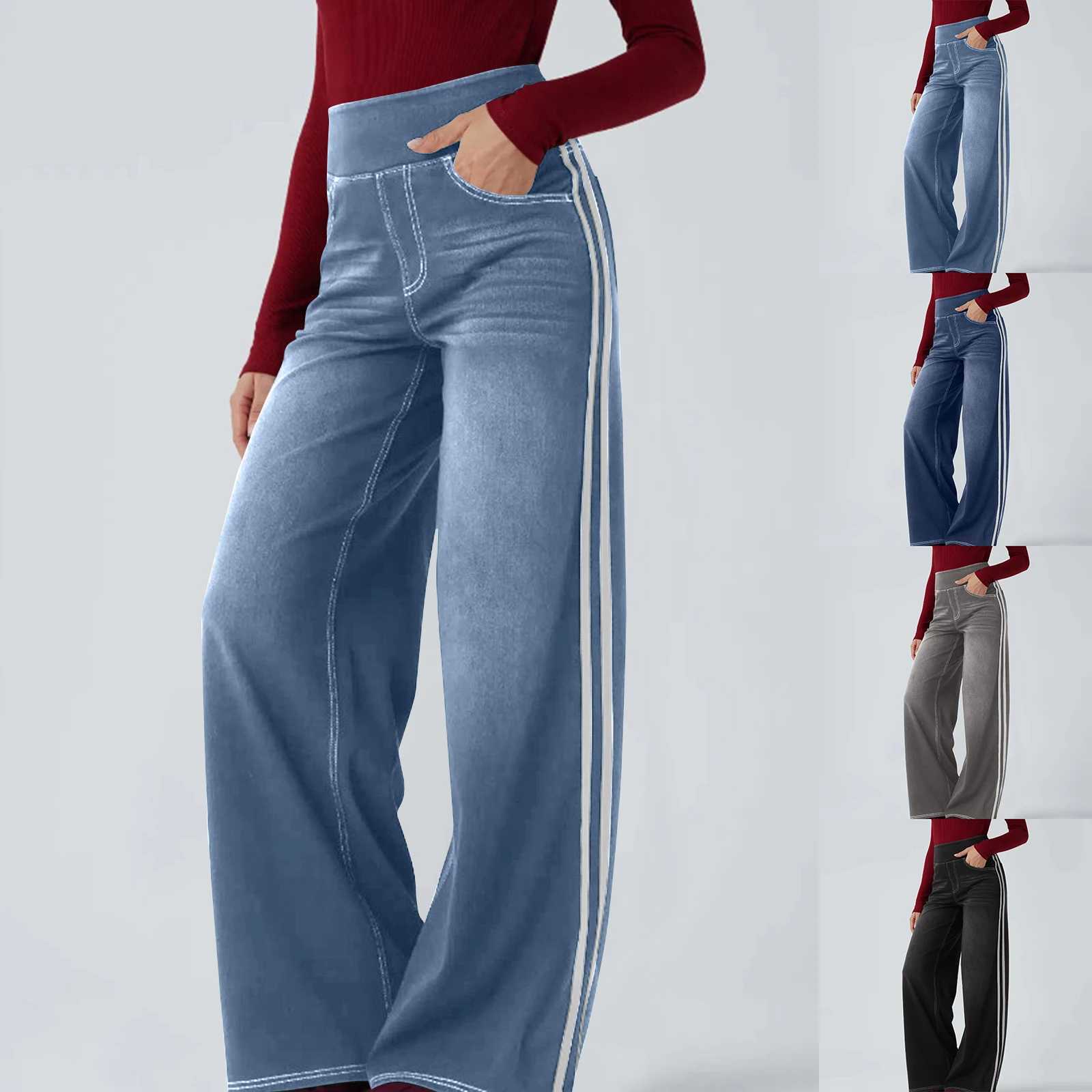 WomenS Versatile Comfortable High Street Retro Washed Blue Side Striped WideLeg Jeans Suitable For Daily Casual WearT251013