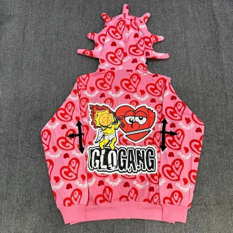 Glo Gang Zip Hoodie Unisex Rhinone Embellished Cartoon Print Pink Streetwear Cozy Hooded Sweatshirt W251013