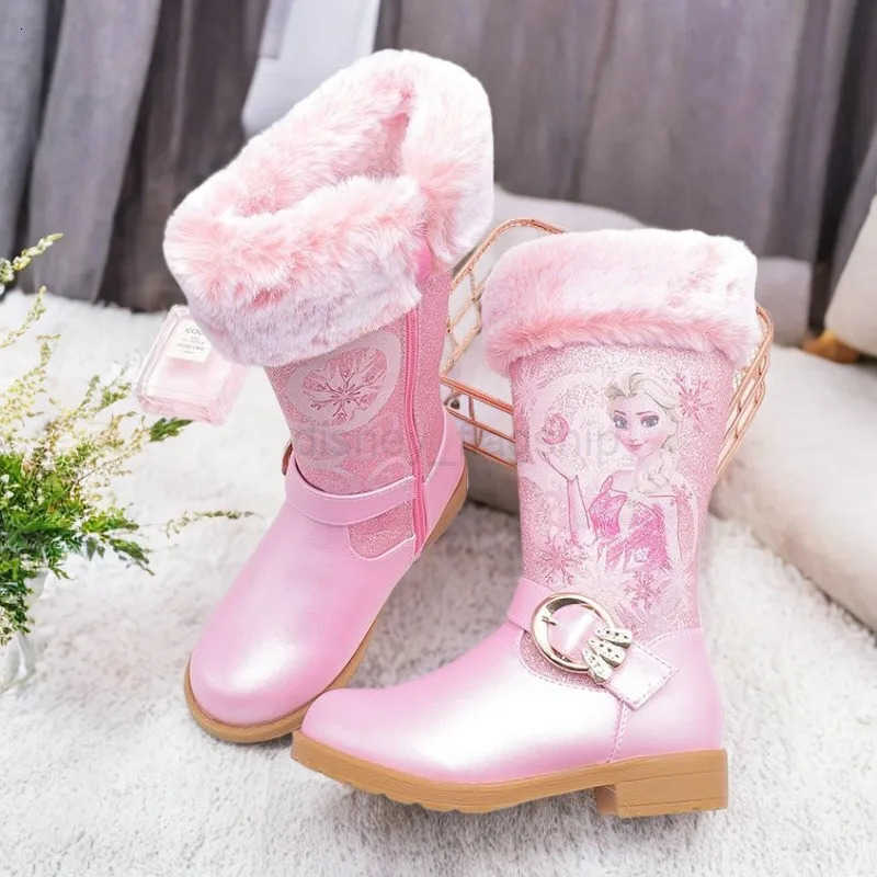Disney Girls Leather Boots Winter Cartoon Frozen Boots Zipper High Plush Princess Elsa Boots Warm Childrens Boots Size 2536XJ251013