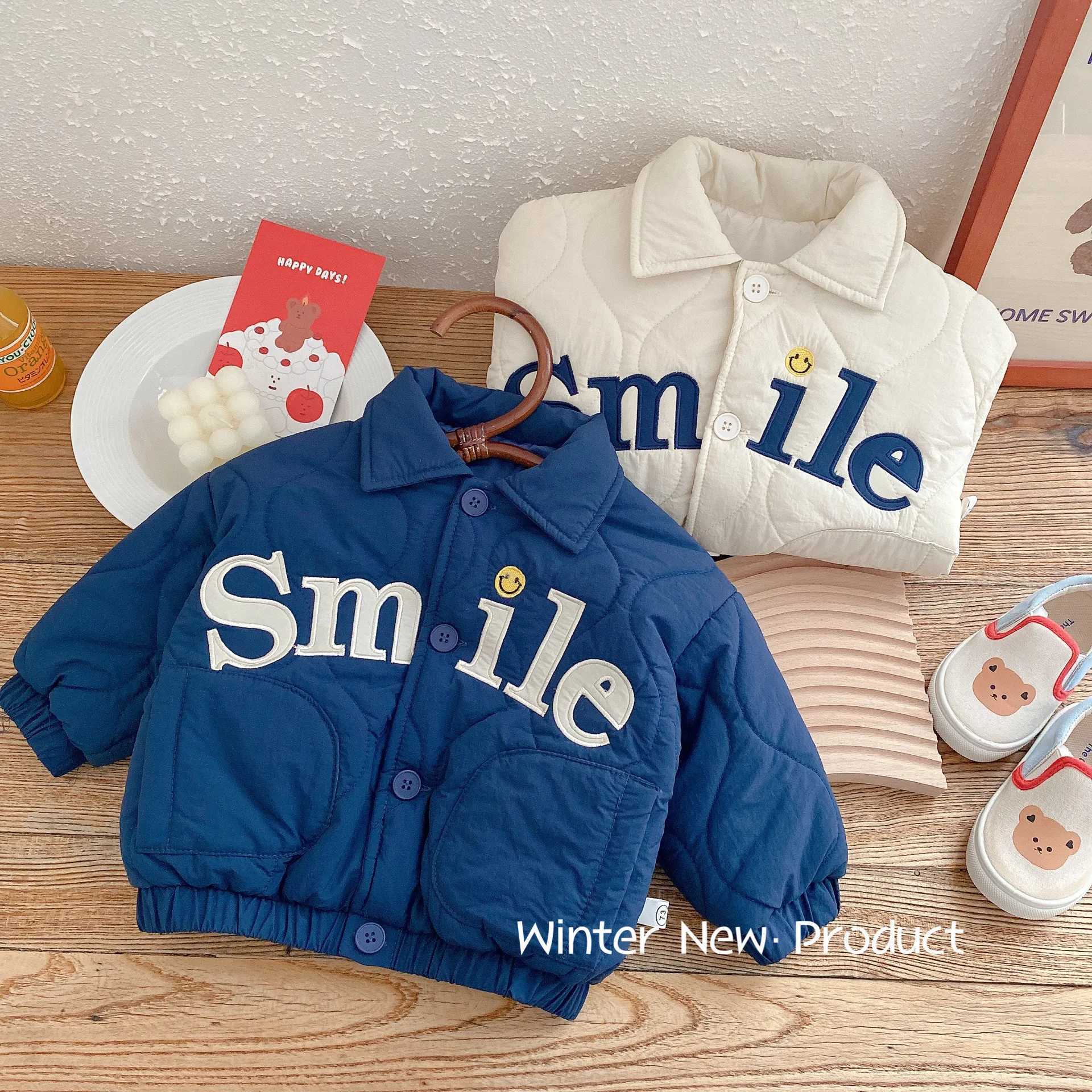 Winter Childrens Clothing Baby Boys Smile Jacket Coats Kids Cotton Clothes Toddler Girls Lapel Outerwear Embroidery Tops 06Yrs C251013