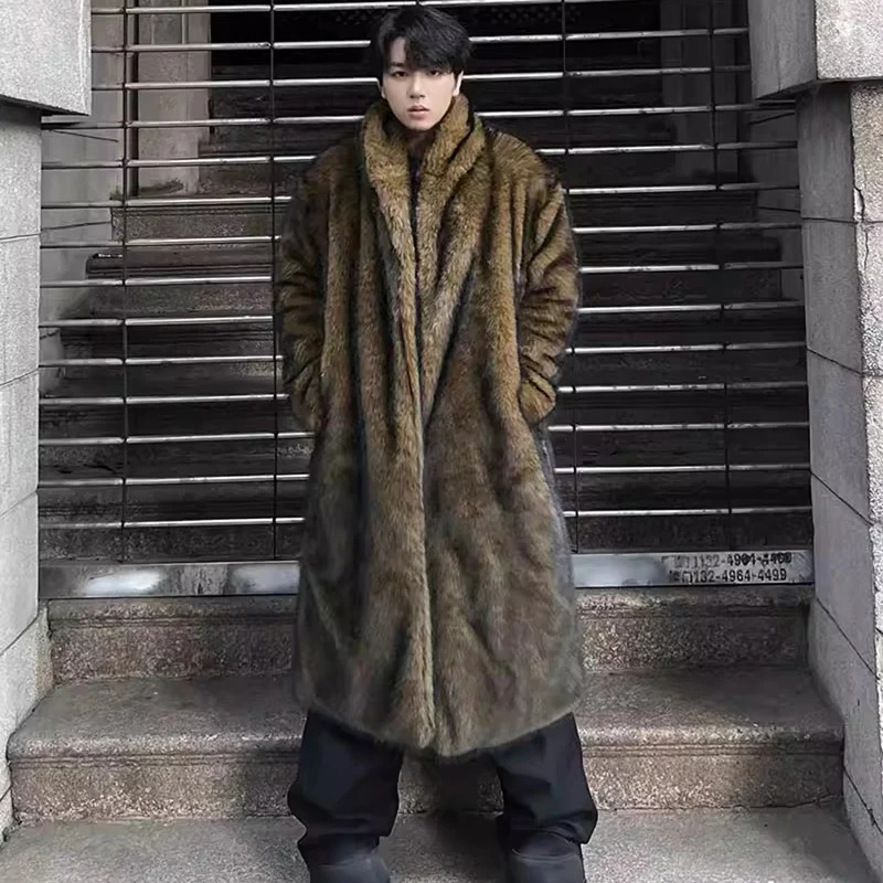 Mens fur coat Wolf fur fox fur lapel long overcoat winter windproof and warm windbreaker large size 251011