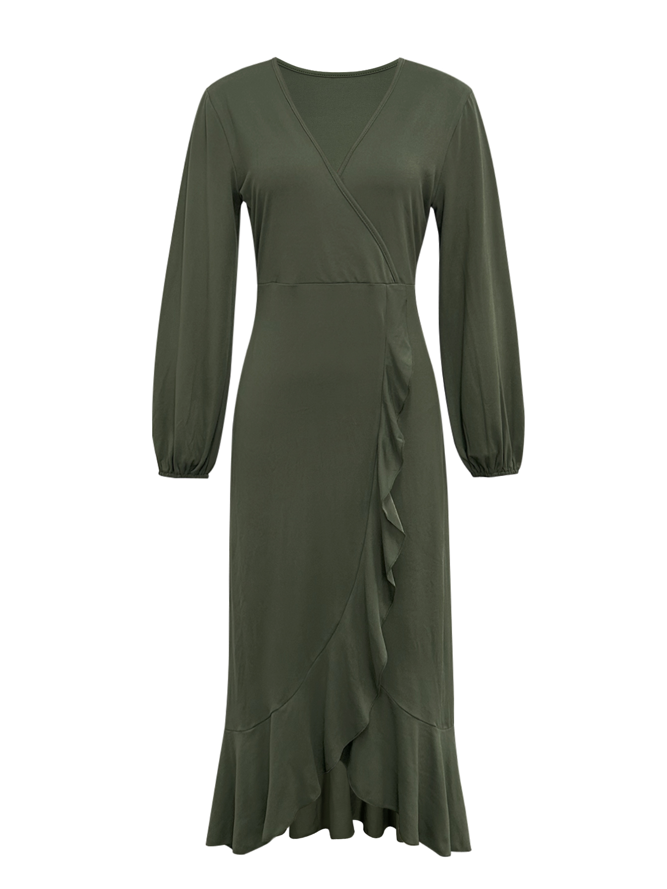 Women's Autumn Winter French - Style Elegant V - Neck Midi Dress - Versatile Minimalist Leaf - Print Slimming Dress-CF55116
