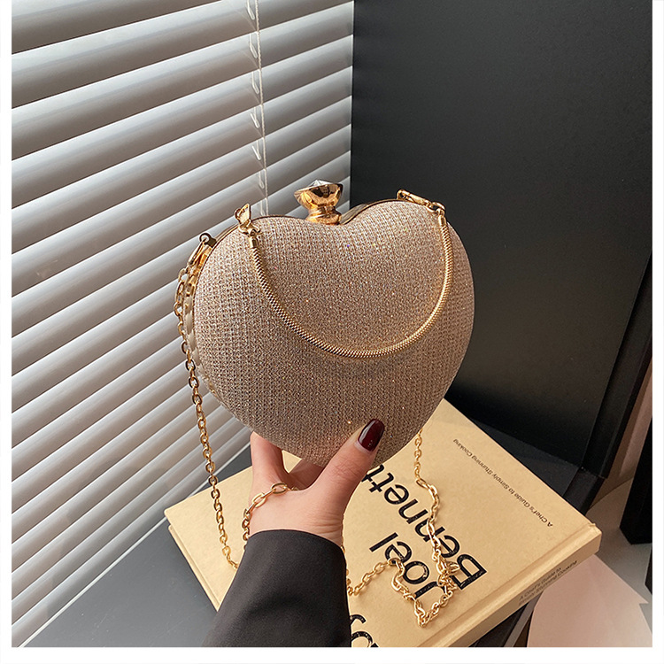 High-end Textured Versatile Chain Handbag for Weddings & Evening Parties Women's Cute Heart-shaped Mini Clutch with Rhinestones (Top-handle, Shou