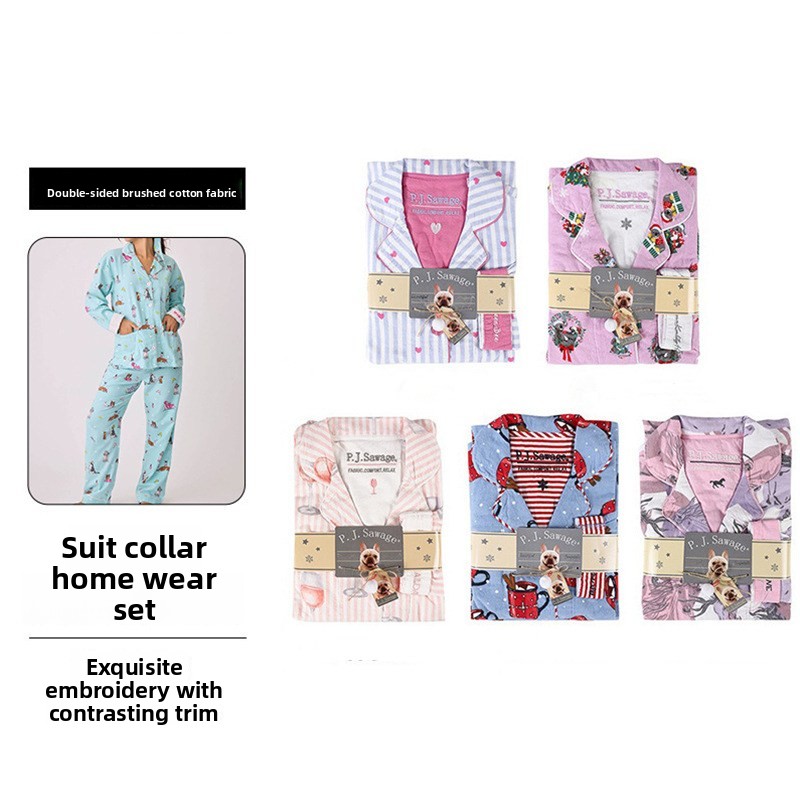 New Pajamas Suit, Pure Cotton 2 Piece Set, Women Print Cartoon Nightwear Long Sleeve Trousers Set, Autumn Loungewear Home Clothes