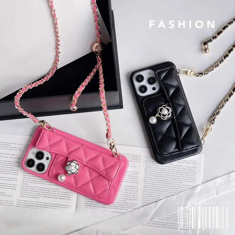 Camellia Leather Cover For iPhone 16 15 14 13 12 11 Pro Max Card Slot Holder Wallet Adjustable Lanyard Crossbody Phone Case J251202