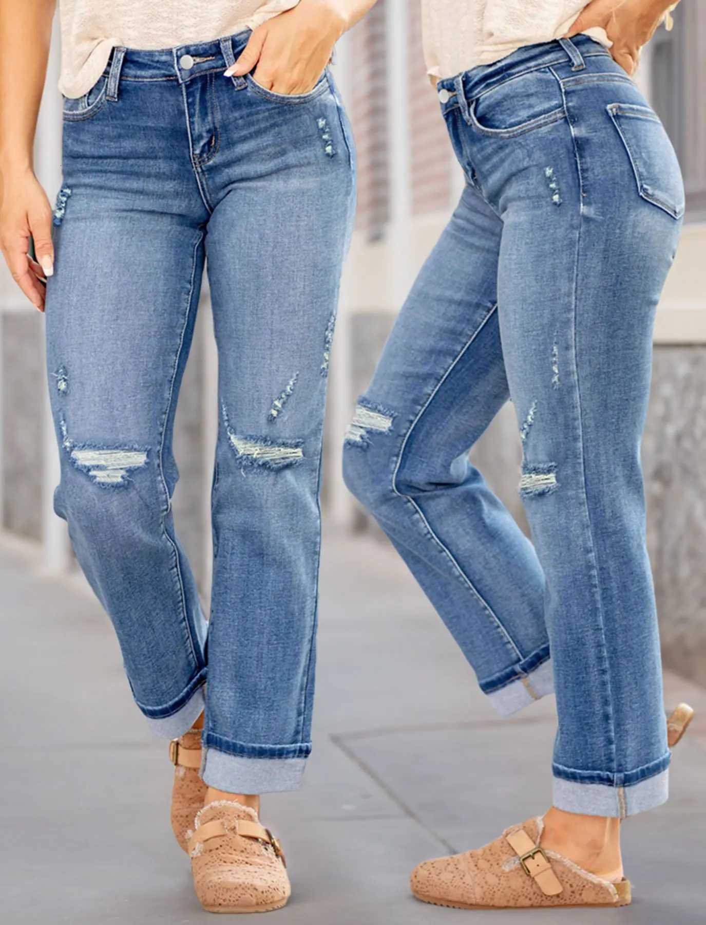 New Womens Fashion Stretch Ripped Slim Fit Jeans with Pockets Trendy Elastic Straight Leg Denim PantsT251013