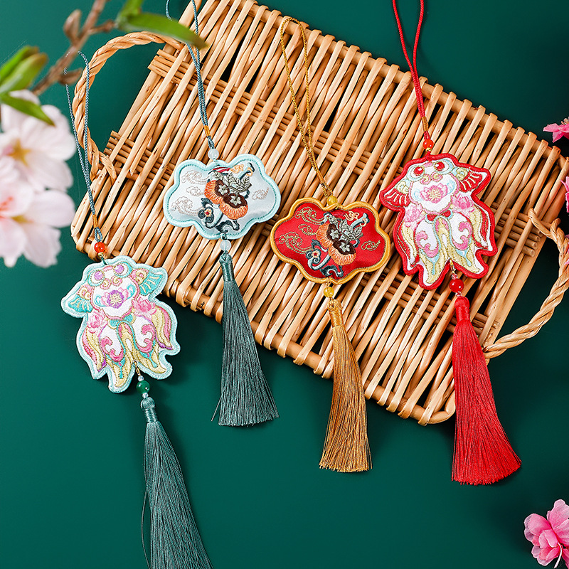 Scented Embroidered Pendants Set: Two Pack of Decorative Charms Ideal for Cars, Bags, Festive Gifting