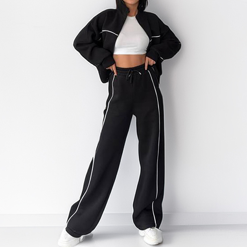 Women's Two Piece Pants Sport Stripe Sweatshirt Set Women Stand Collar Long Sleeve Elastic Waist Pant Sets Female 2025 Autumn Winter