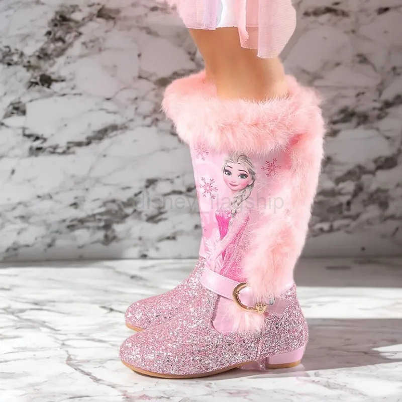 Disney Girls High Heel Boots Winter Childrens High Sleeve Plush Snow Warm Boots Princess Elsa Long Pink Blue Boots Size 2637XJ251013