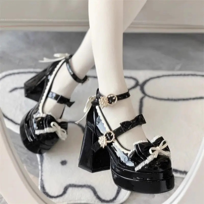 Lovely Girls Lolita Bowknots Platform Block Heels Shoes Platform Female Students Sweet Highheeled Delicate Elevator Mary Janes 251010