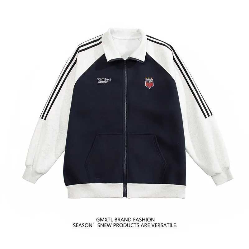 Hipster Color Striped Cardigan Sweatshirt Embroidered Spring Stand Collar Sporty Coat Loose Couple Outfit W251013