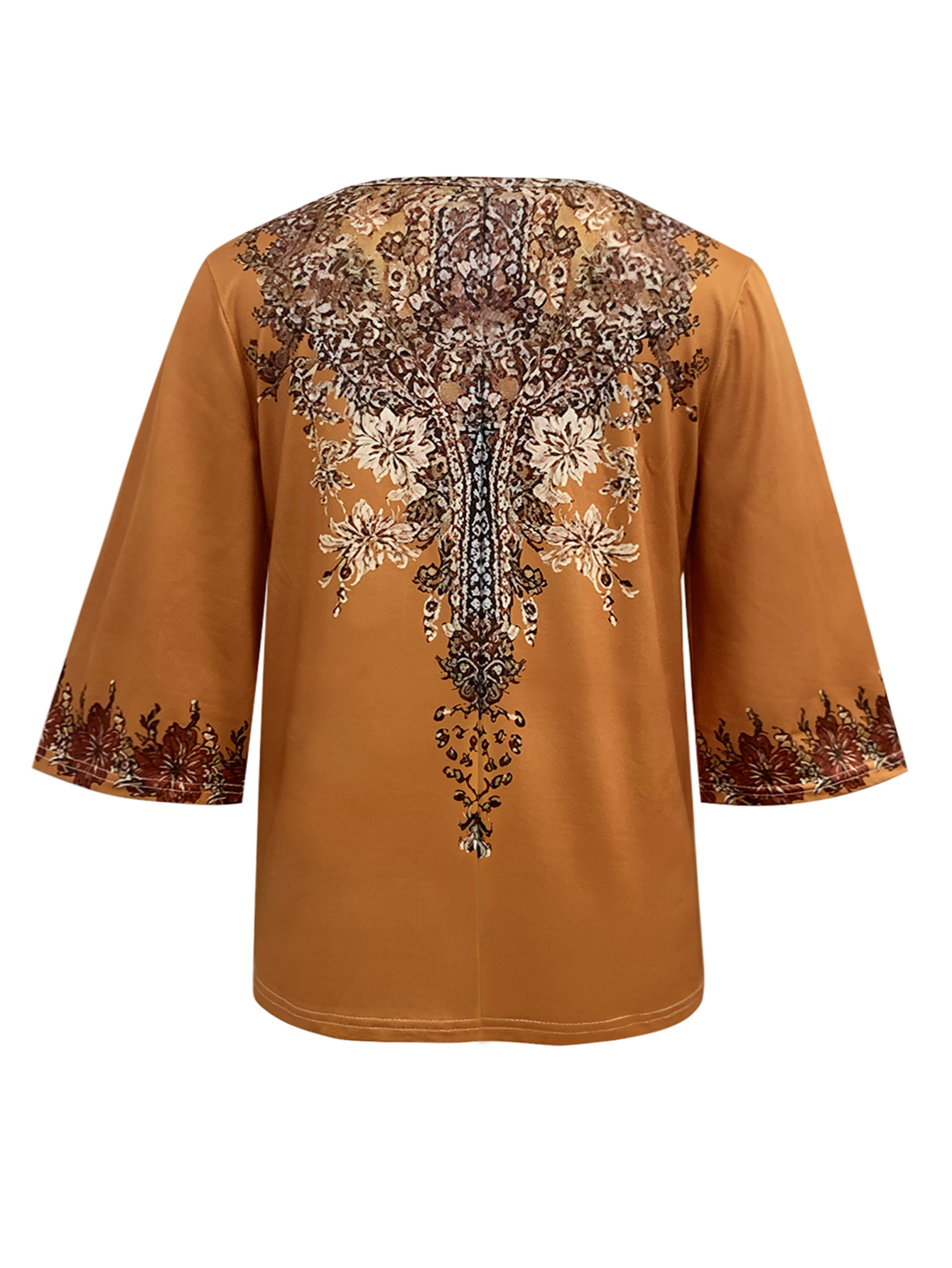 Women's Autumn New Retro Ethnic - Style All - Over Floral Printed Elegant Casual Plus - Size V - Neck Long - Sleeve T - Shirt-YL25428