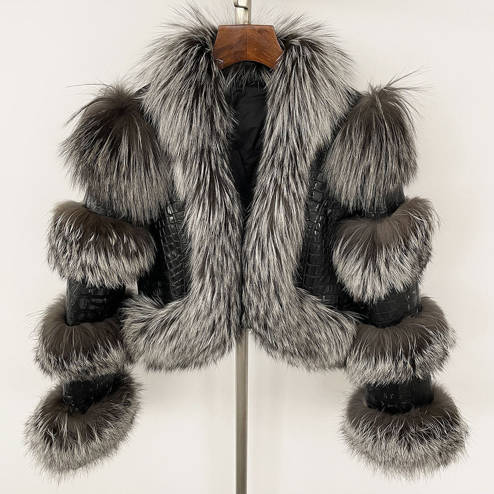 RR2775 Plus Size Artificial Fox Fur Winter Jacket Womens Leather Short Crop Jacket Womens Cotton Lined Fur Decorative Leather 240927 - view 3