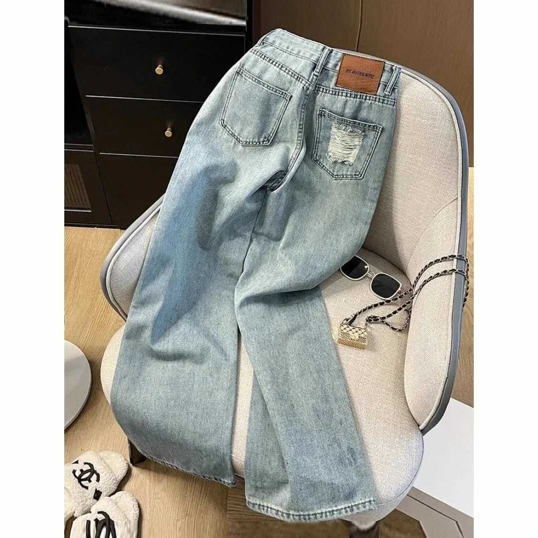 Casual Jeans Womens Straight Leg Denim Trousers Loose Fit High Waist Light Blue Wide Leg Vintage Ripped Design Autumn NewT251013