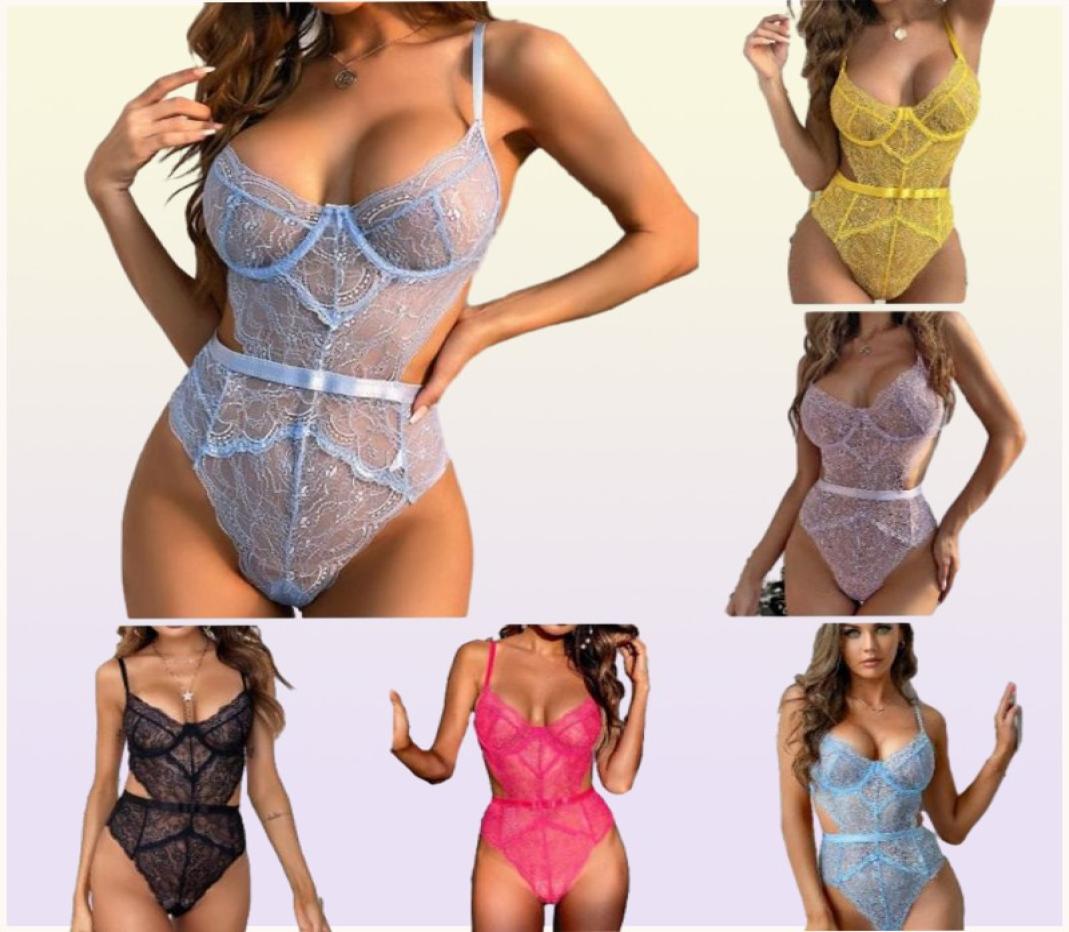 Women Porn Mesh Lingerie Slim Waist Sleepwear Bodysuit Transparent Patchwork Lace Bodysuits Sexy Mujer Babydolls DeepV Jumpsuit F82631144