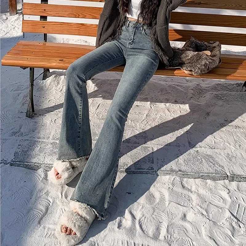 2024 Woman High Waist Vintage Flare Jeans Female Gothic Elastic Bell Bottom Pants Lady Streetwear Blue Black Grey Denim TrousersT251013