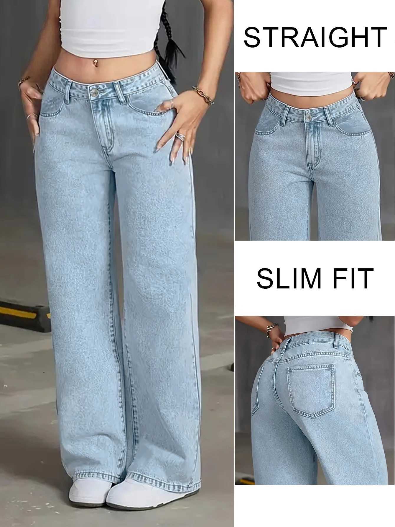 Autumn Y2K style womens washed blue jeans high waist straight loose jeans suitable for casual outings and datesT251013
