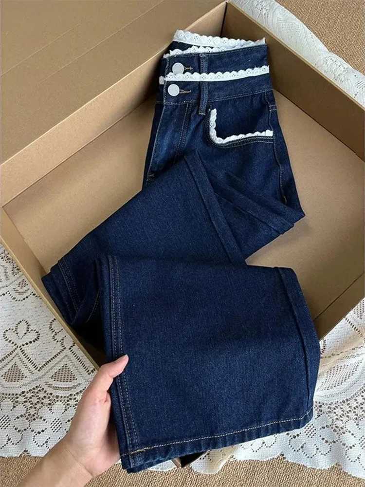 DFCF 2025 New Casual Straight Jeans Streetwear Vintage Blue Lace Spliced Jeans Women Y2K Fashion High Waist Loose Wide Leg PantsT251013