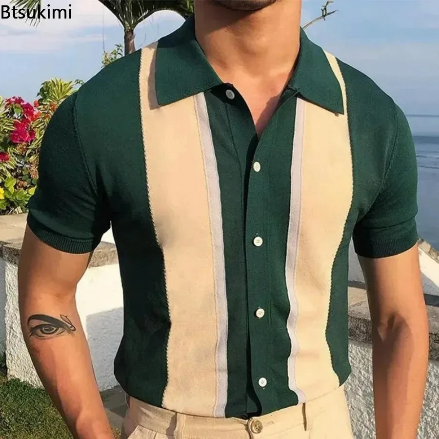 2025 Mens Striped Patchwork Knitwear Summer Men Half Zip Knit Pullovers Tshirt Man Business Casual Short Sleeve Polo Shirt 251011