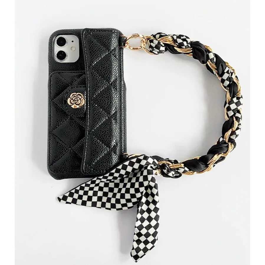 Camellia Flower Lambskin Leather Case For iPhone 17 Air 16 15 14 13 Pro Max Plus Hand Chain Of Silk Scarves Card Wallet Cover J251202