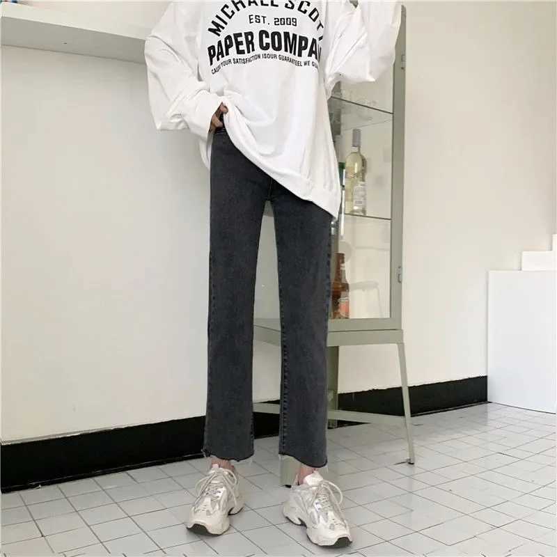 High Waist Elastic Denim Jeans Womens Loose Straight Slimming Student Versatile Small Size Nine Tube Pants TrendyT251013