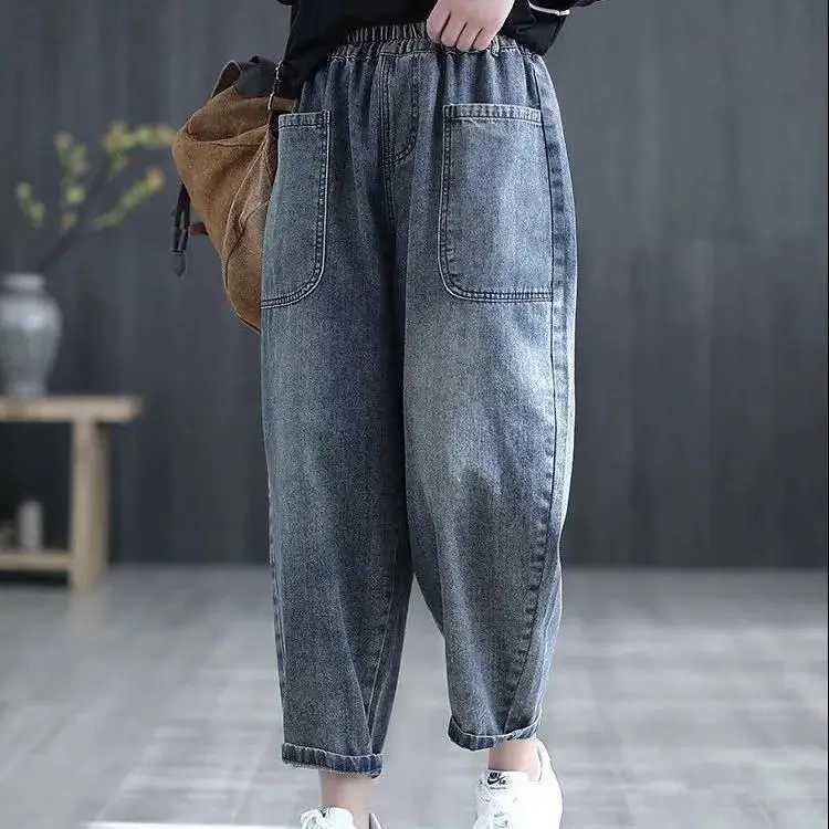 Loose Wide Leg Harem Jeans Womens plus Size Dad Waist High Waist Nine Point Pants Slimming Light Waed Casual TrousersT251013