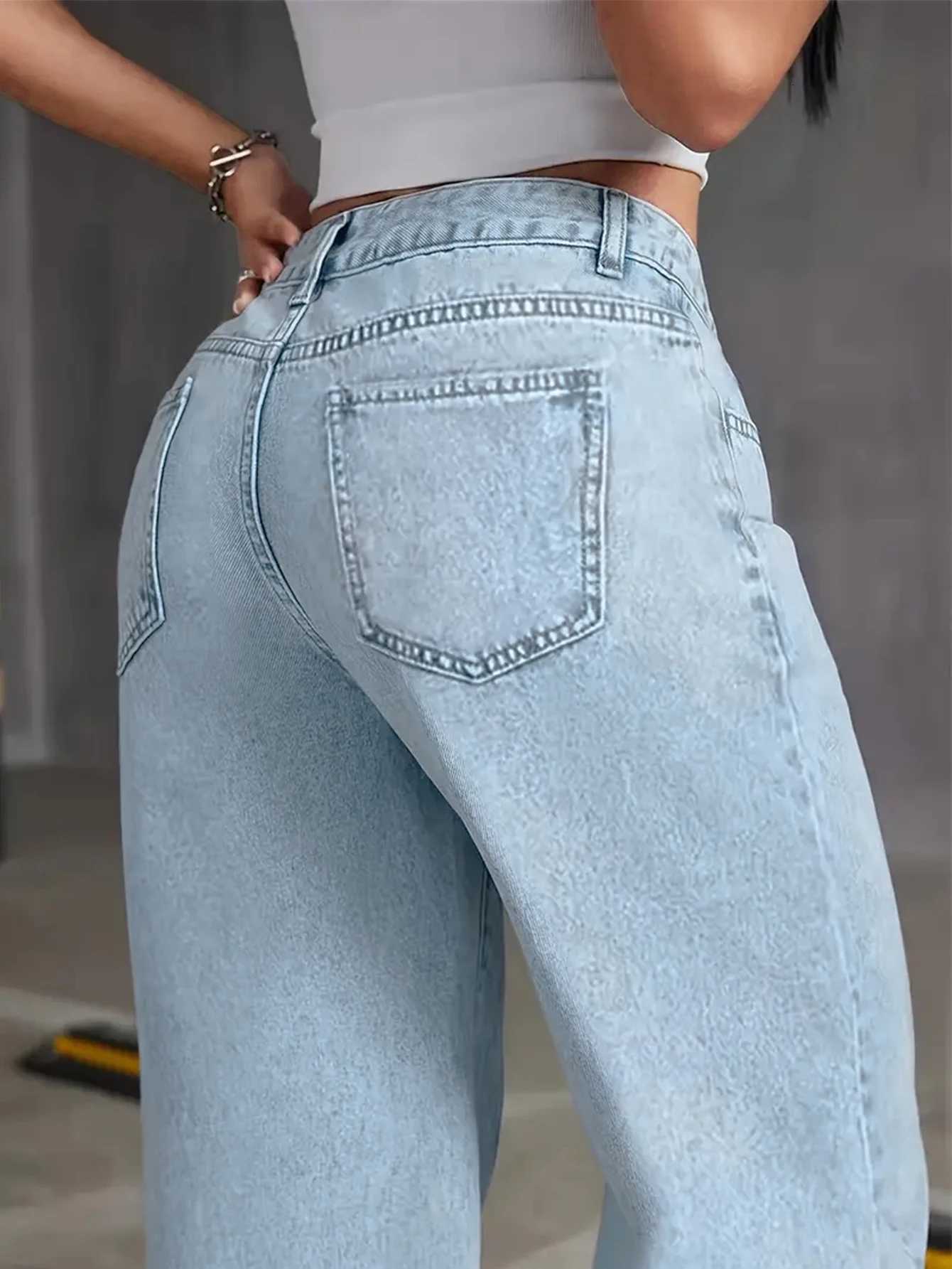 Autumn Y2K style womens washed blue jeans high waist straight loose jeans suitable for casual outings and datesT251013
