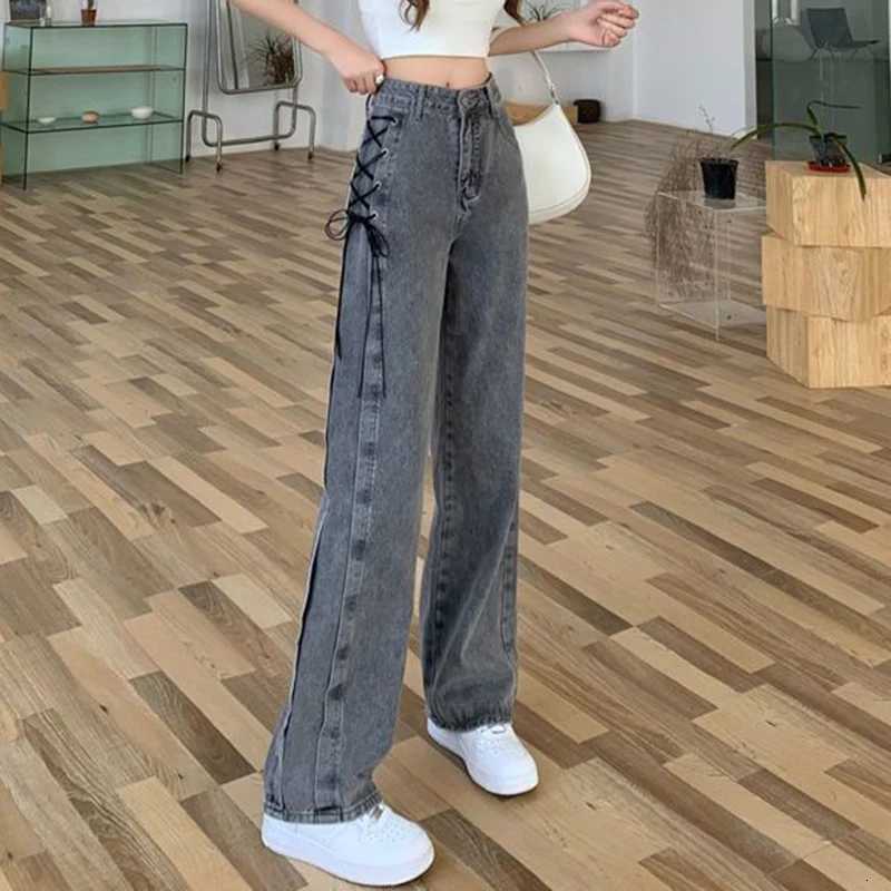 Vintage Lace Up Jeans Women Korean Chic Y2K Straight Denim Pants Autumn Streetwear High Waist Female Wide Leg Trousers NewT251013