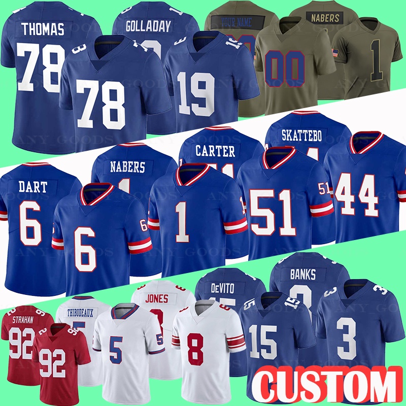 2025 New Football Jersey 6 Jaxson Dart 1 Malik Nabers 51 Abdul Carter 44 Cam Skattebo 3 Russell 19 Jameis Winston 8 Jevon Holland 15 DeVito 5 Kayvon Thibodeaux 78 Thomas